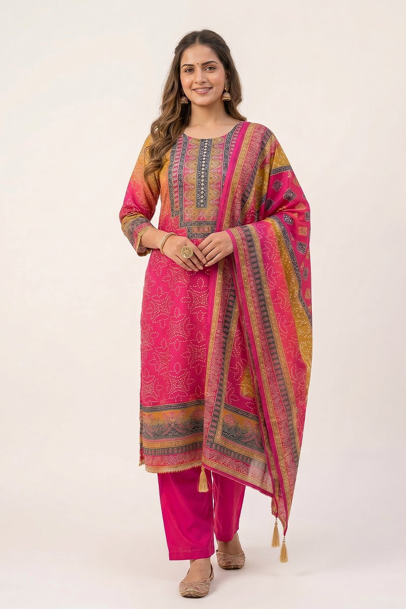 Multicolor Polyester Straight Kurta Set with Dupatta for Women - The House of Indu