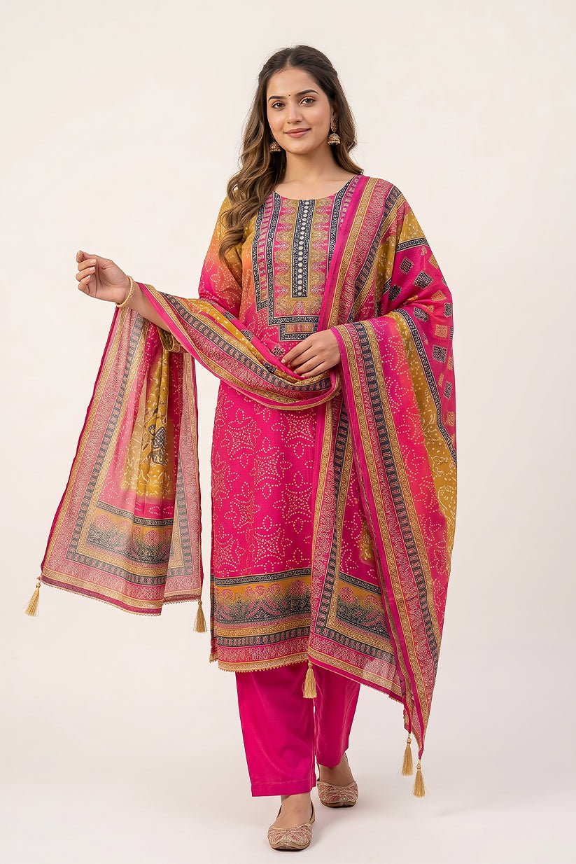Multicolor Polyester Straight Kurta Set with Dupatta for Women - The House of Indu
