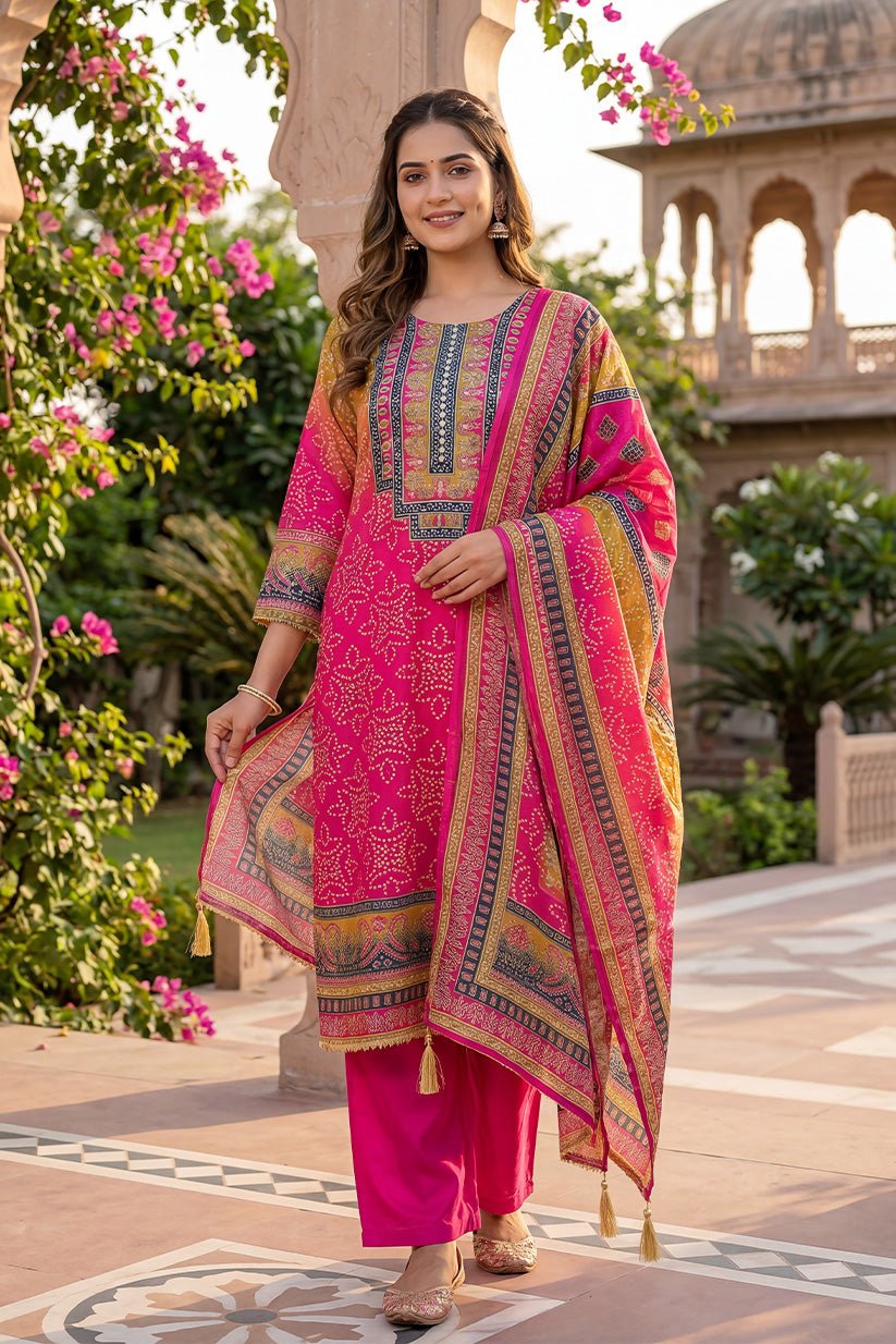 Multicolor Polyester Straight Kurta Set with Dupatta for Women - The House of Indu