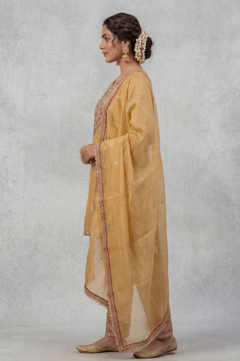 Mustard Embroidered Kurta Pant Set for Wedding & Festive Wear Women - The House of Indu