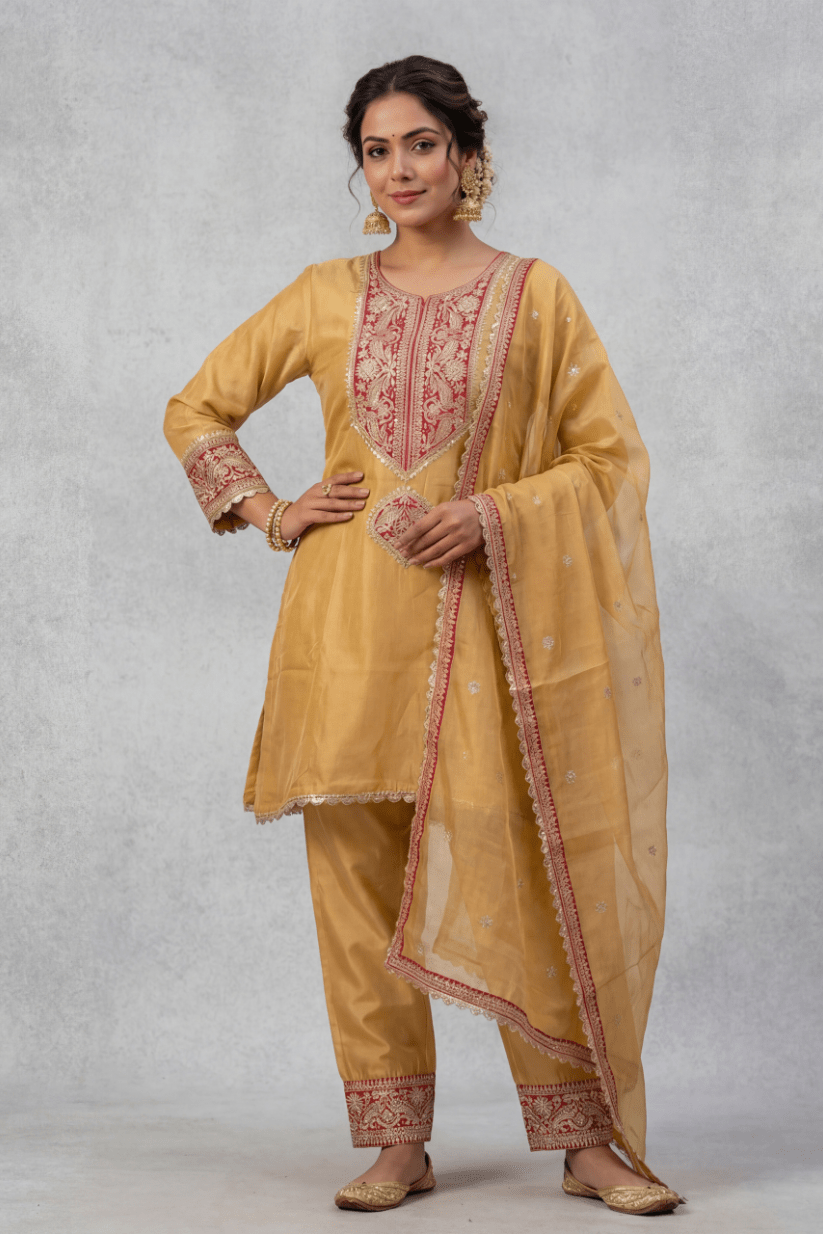 Mustard Embroidered Kurta Pant Set for Wedding & Festive Wear Women - The House of Indu