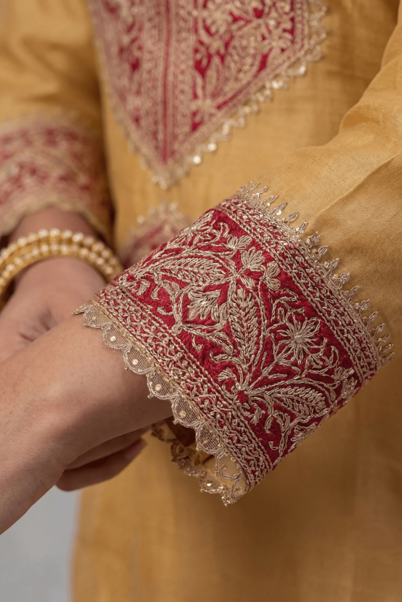 Mustard Embroidered Kurta Pant Set for Wedding & Festive Wear Women - The House of Indu