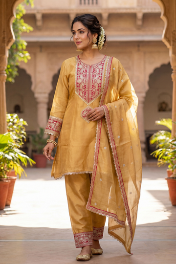 Women mustard embroidered kurta pant set with dupatta front view