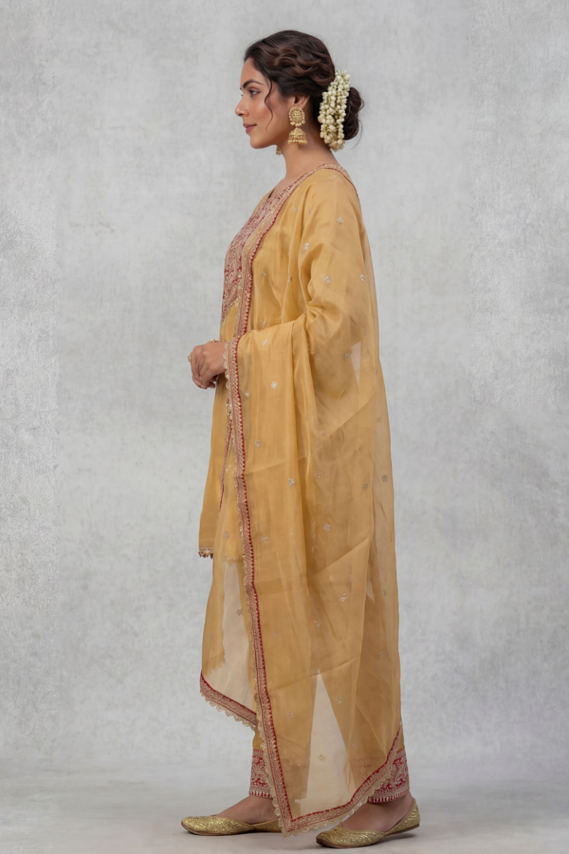 Side view of mustard embroidered kurta pant set for women