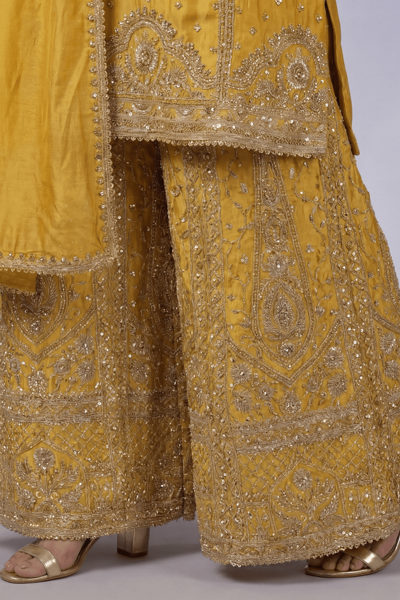 Mustard Yellow Embroidered Kurta Sharara Set with Dupatta for Women - The House of Indu