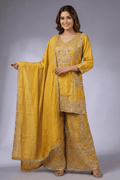 Mustard Yellow Embroidered Kurta Sharara Set with Dupatta for Women - The House of Indu