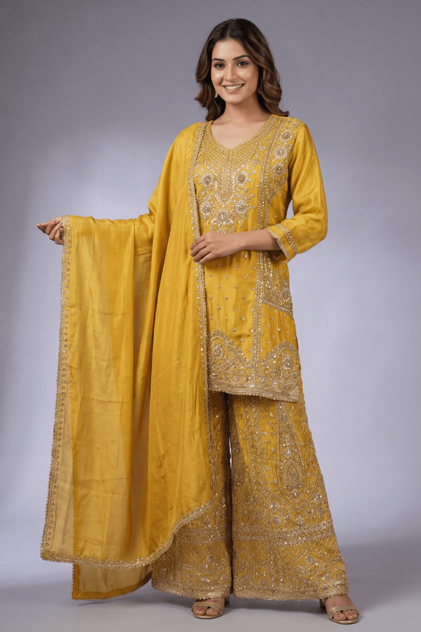 Mustard Yellow Embroidered Kurta Sharara Set with Dupatta for Women - The House of Indu