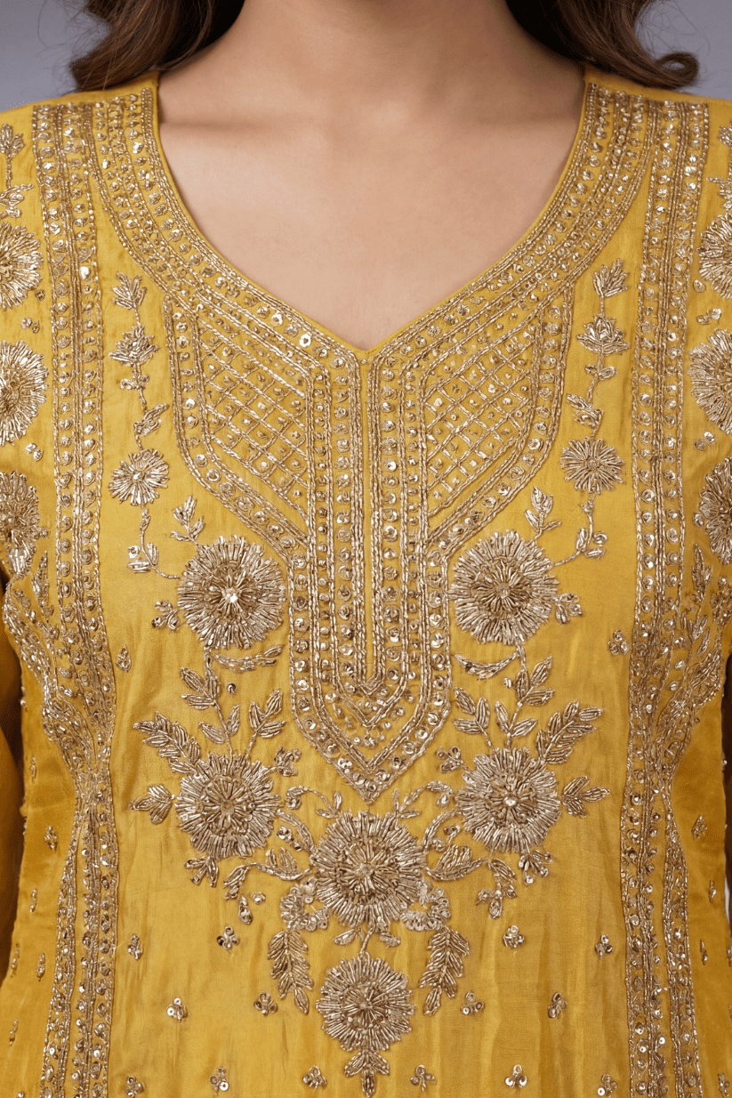 Mustard Yellow Embroidered Kurta Sharara Set with Dupatta for Women - The House of Indu