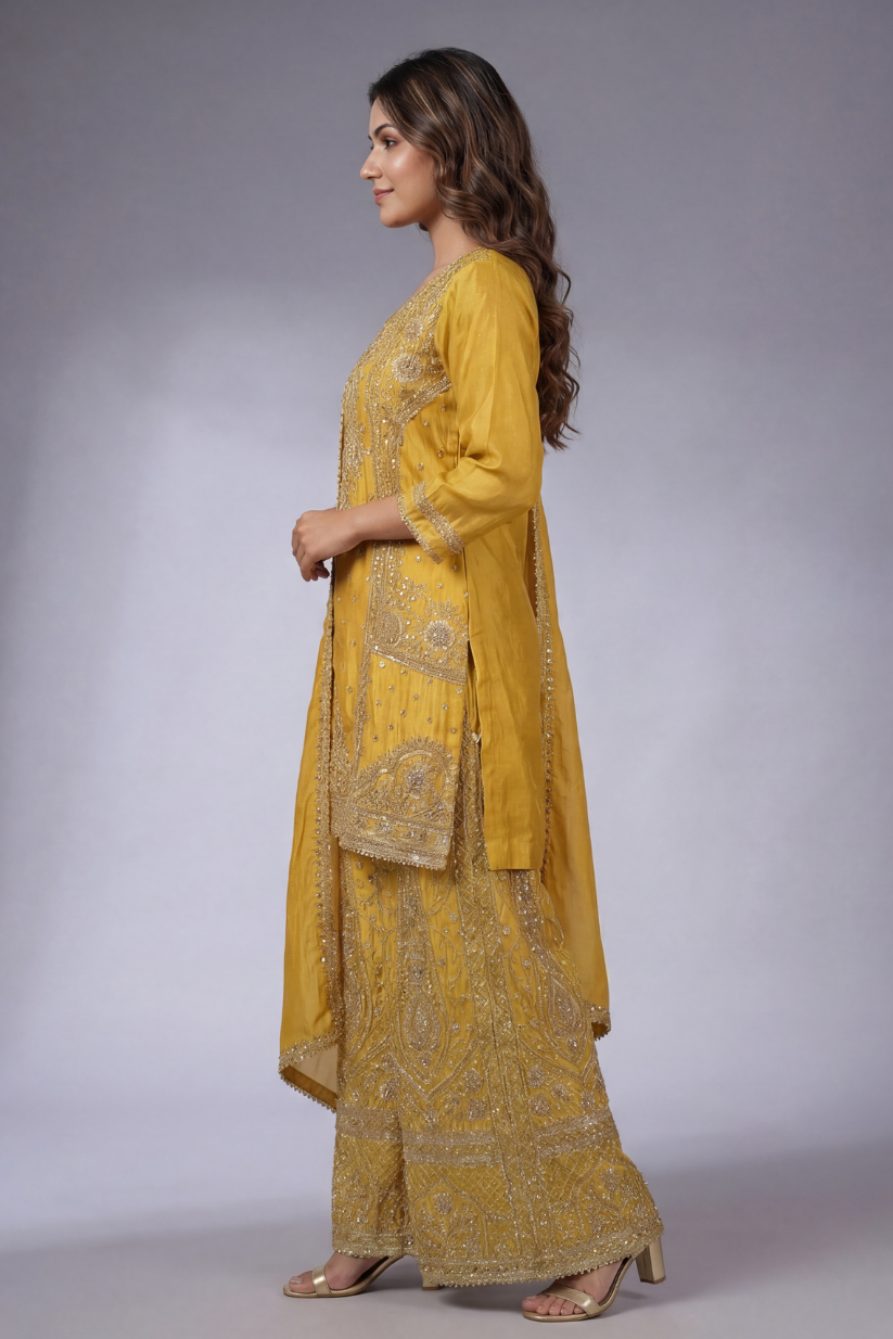 Side view of mustard yellow embroidered ethnic sharara set