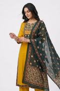 Mustard Yellow Floral Print Kurta Pant Dupatta Set for Women - The House of Indu
