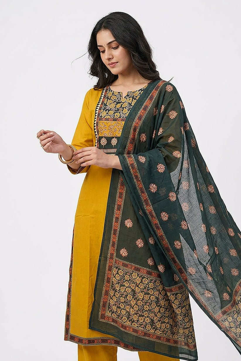 Mustard Yellow Floral Print Kurta Pant Dupatta Set for Women - The House of Indu