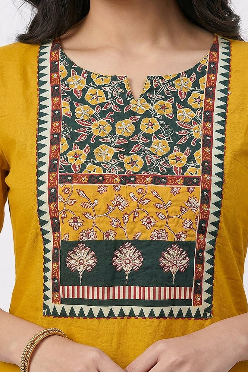 Mustard Yellow Floral Print Kurta Pant Dupatta Set for Women - The House of Indu