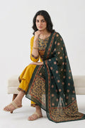 Mustard Yellow Floral Print Kurta Pant Dupatta Set for Women - The House of Indu
