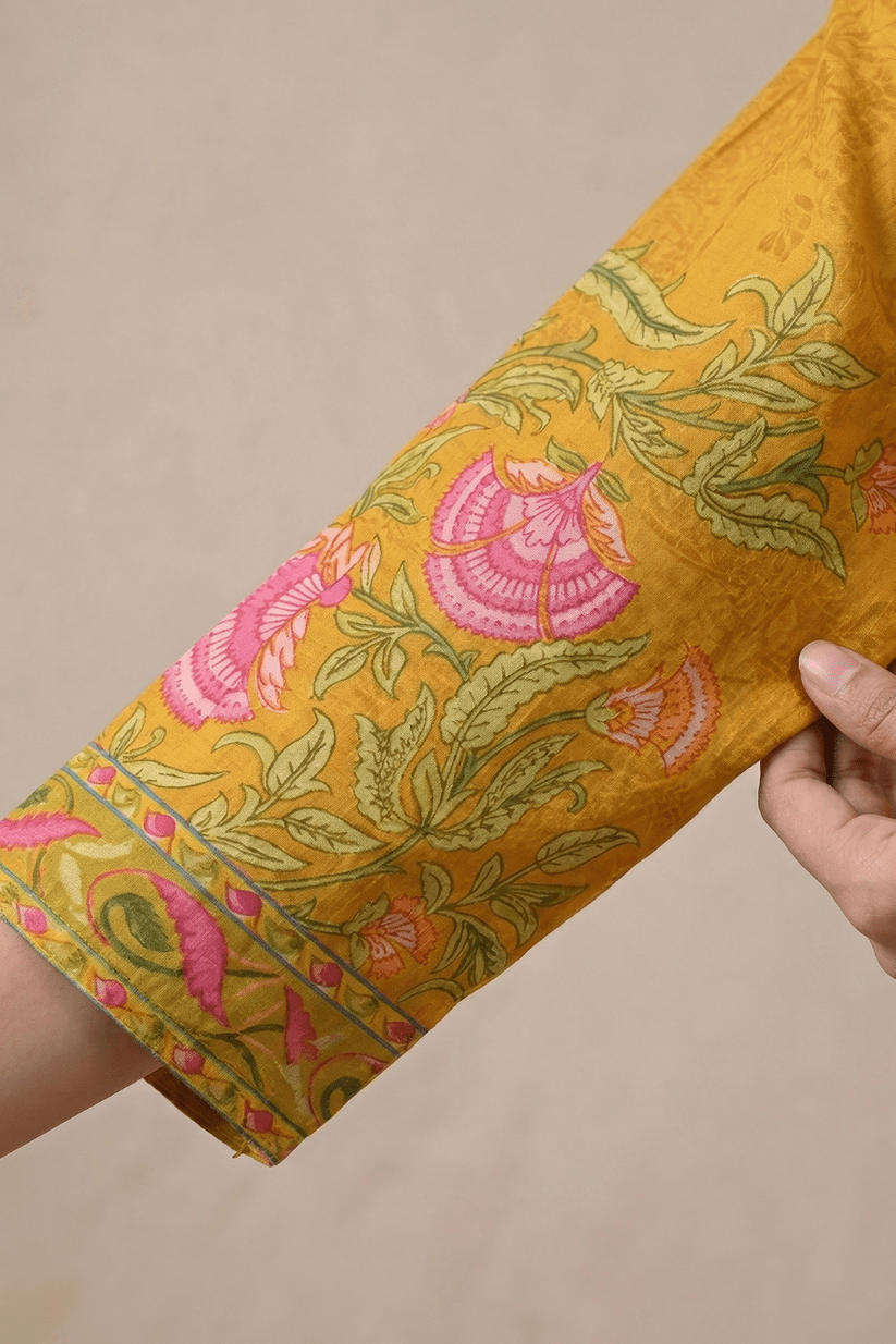 Mustard Yellow Floral Printed Kurta Set with Elegant Dupatta for Women - The House of Indu