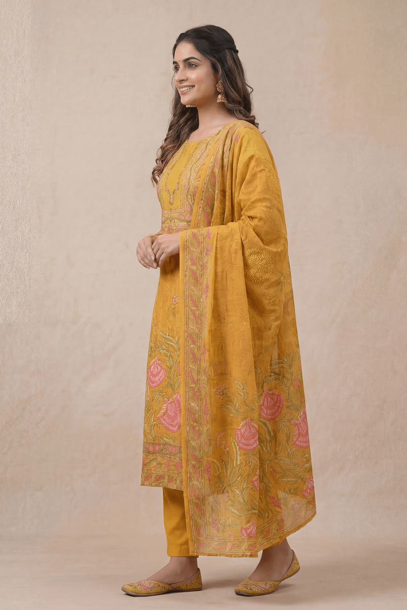 Mustard Yellow Floral Printed Kurta Set with Elegant Dupatta for Women - The House of Indu