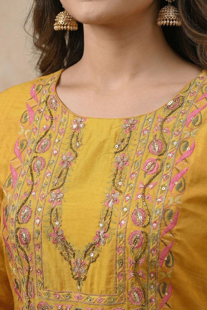 Mustard Yellow Floral Printed Kurta Set with Elegant Dupatta for Women - The House of Indu