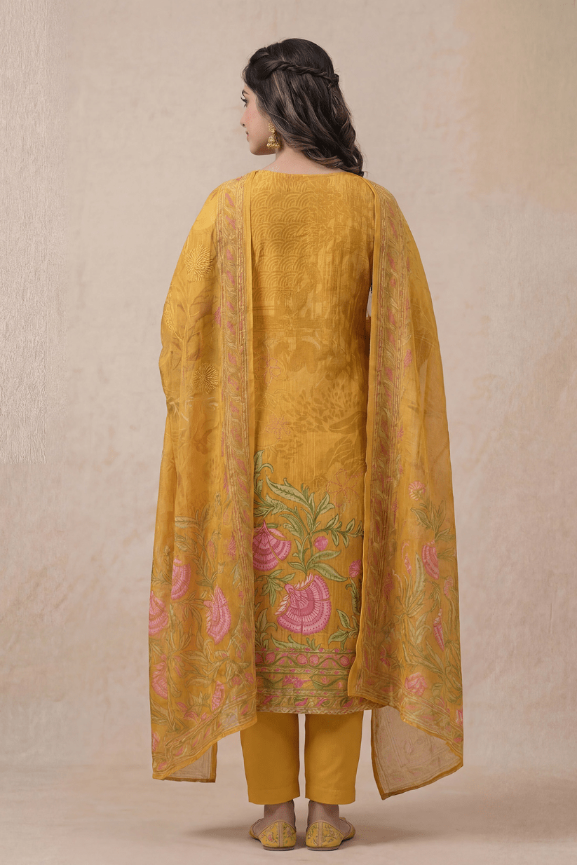 Mustard Yellow Floral Printed Kurta Set with Elegant Dupatta for Women - The House of Indu