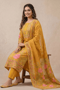 Mustard Yellow Floral Printed Kurta Set with Elegant Dupatta for Women - The House of Indu