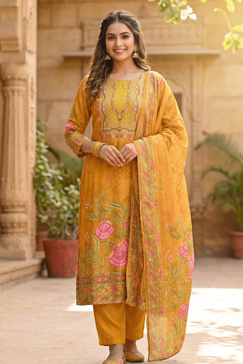 Mustard Yellow Floral Printed Kurta Set with Elegant Dupatta for Women - The House of Indu