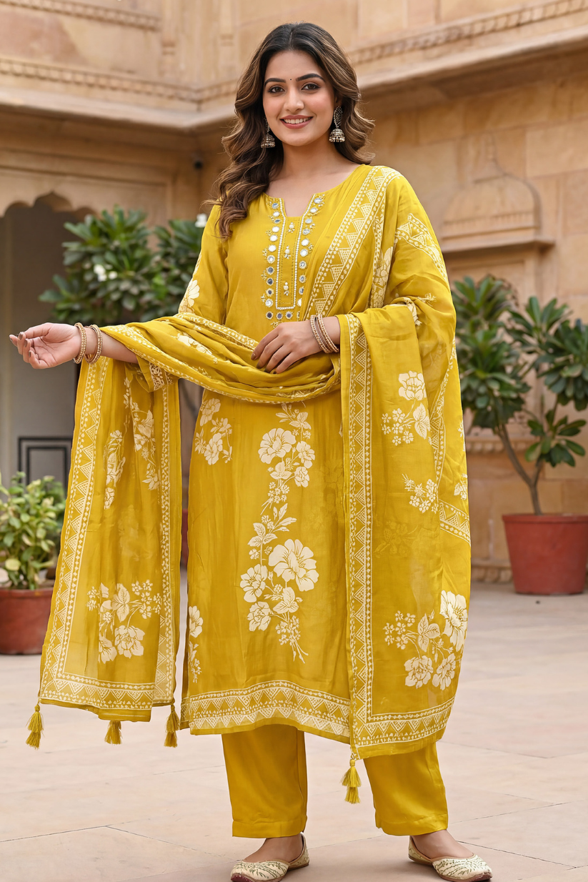 Woman wearing mustard yellow printed kurta set with mirror work dupatta front view