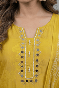 Mustard Yellow Printed Kurta Set with Mirror Work Dupatta - The House of Indu