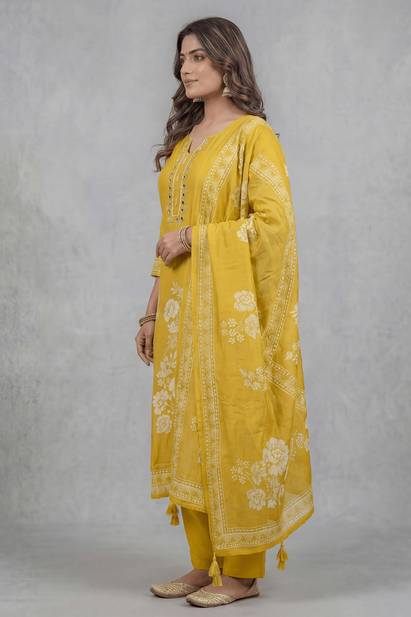 Mustard Yellow Printed Kurta Set with Mirror Work Dupatta - The House of Indu