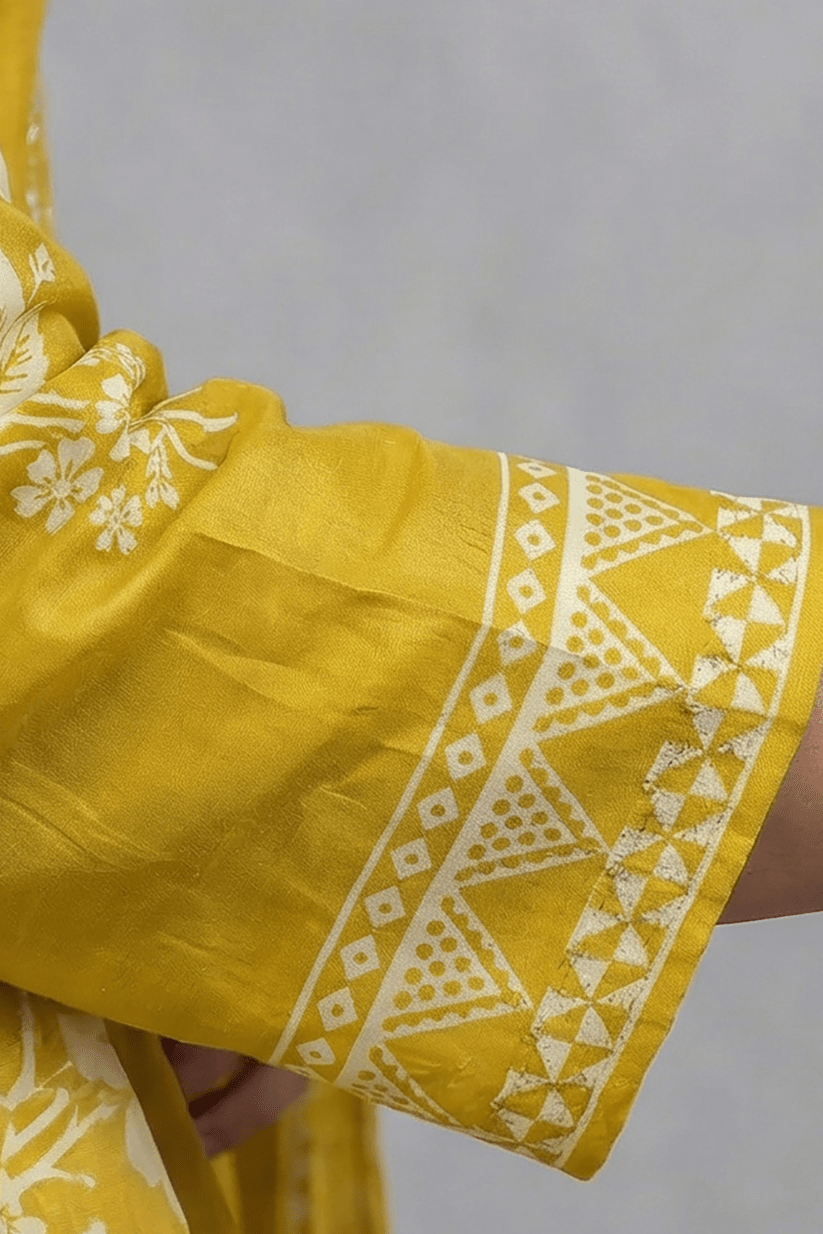 Mustard Yellow Printed Kurta Set with Mirror Work Dupatta - The House of Indu