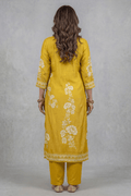 Mustard Yellow Printed Kurta Set with Mirror Work Dupatta - The House of Indu