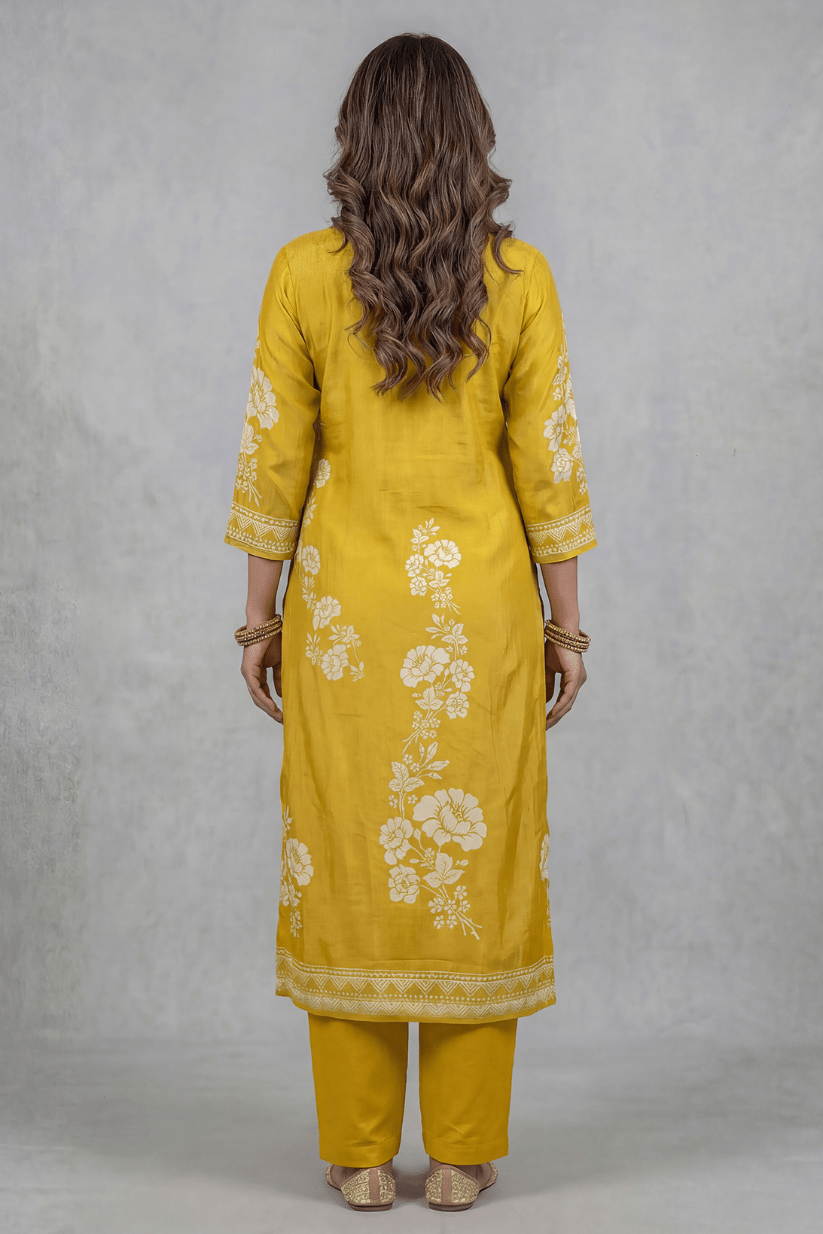 Mustard Yellow Printed Kurta Set with Mirror Work Dupatta - The House of Indu
