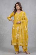 Mustard Yellow Printed Kurta Set with Mirror Work Dupatta - The House of Indu