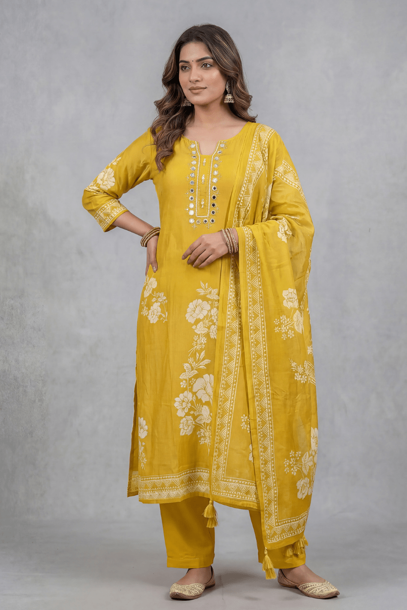 Mustard Yellow Printed Kurta Set with Mirror Work Dupatta - The House of Indu