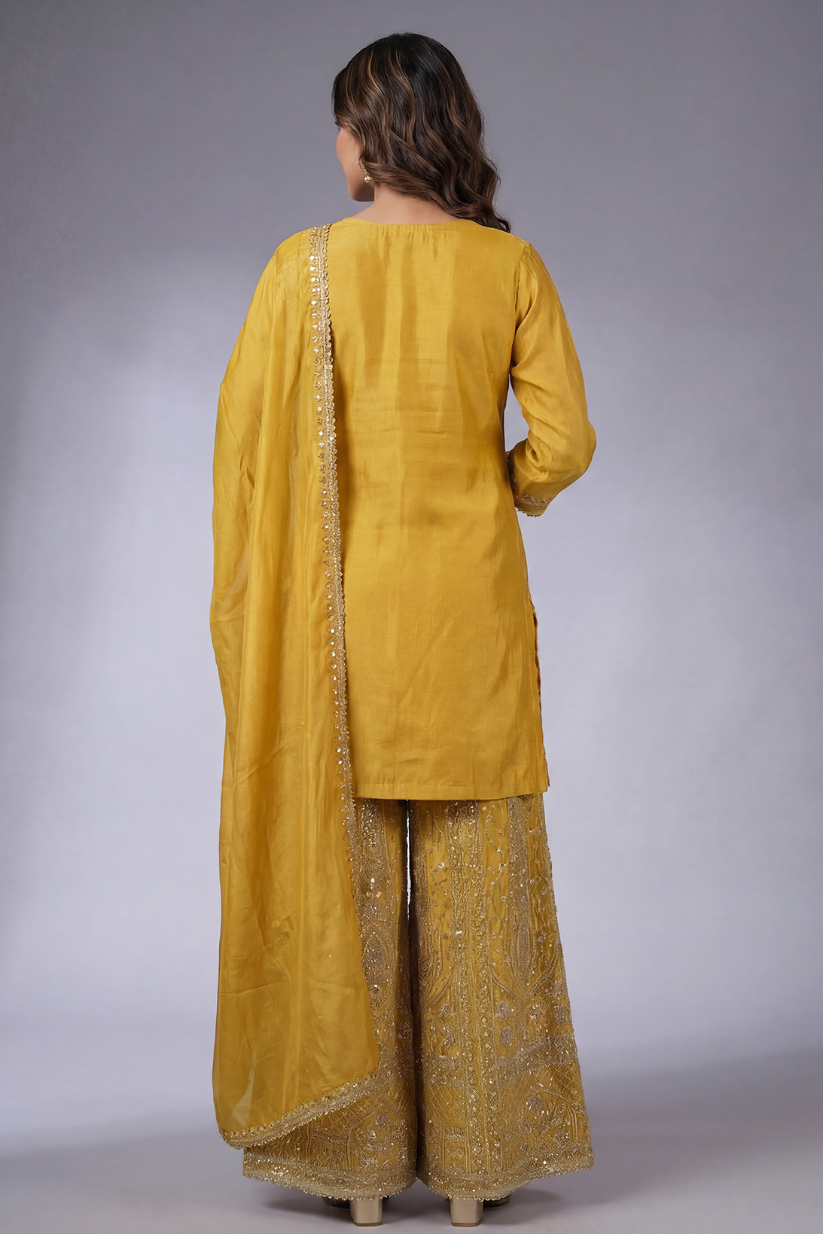Back view of women mustard yellow embroidered sharara set