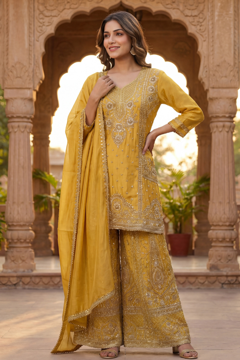 Women mustard yellow embroidered kurta sharara set with dupatta front view