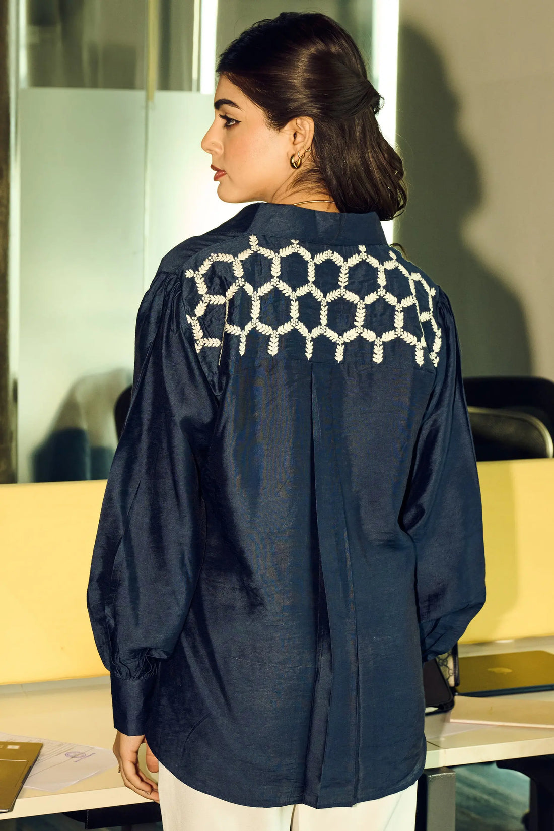 Back view of navy blue Chanderi shirt for women with embroidered detailing