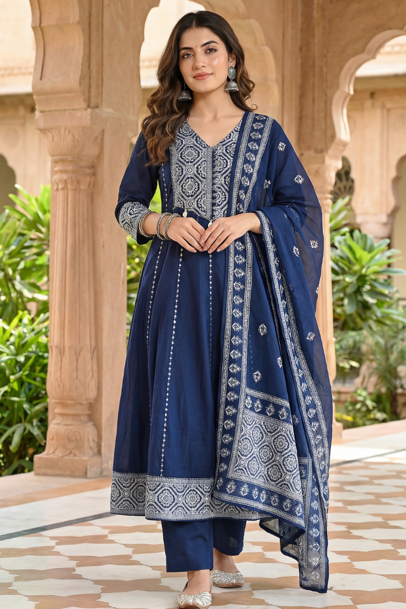 Woman wearing navy blue embroidered kurta pant set with matching dupatta for festive and traditional wear