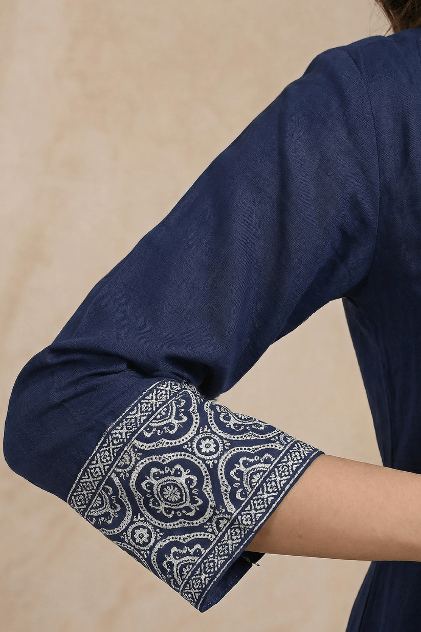 Navy Blue Embroidered Kurta Pant Set with Dupatta for Women - The House of Indu