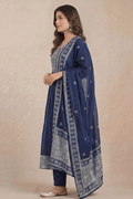 Navy Blue Embroidered Kurta Pant Set with Dupatta for Women - The House of Indu