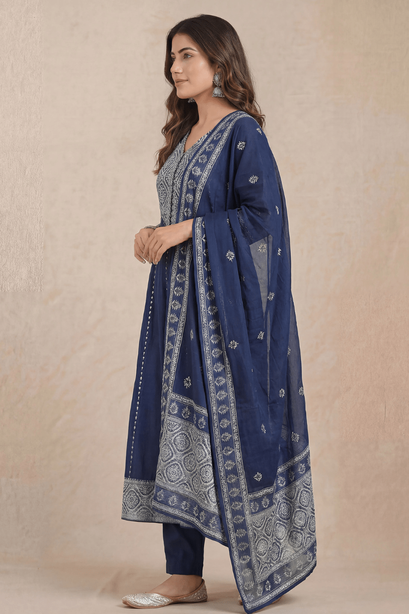 Navy Blue Embroidered Kurta Pant Set with Dupatta for Women - The House of Indu