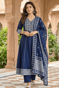 Navy Blue Embroidered Kurta Pant Set with Dupatta for Women - The House of Indu