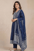 Navy Blue Embroidered Kurta Pant Set with Dupatta for Women - The House of Indu