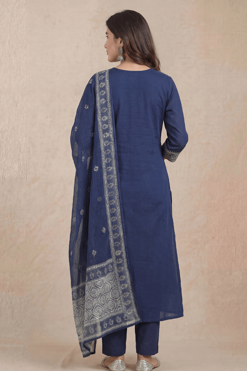 Navy Blue Embroidered Kurta Pant Set with Dupatta for Women - The House of Indu