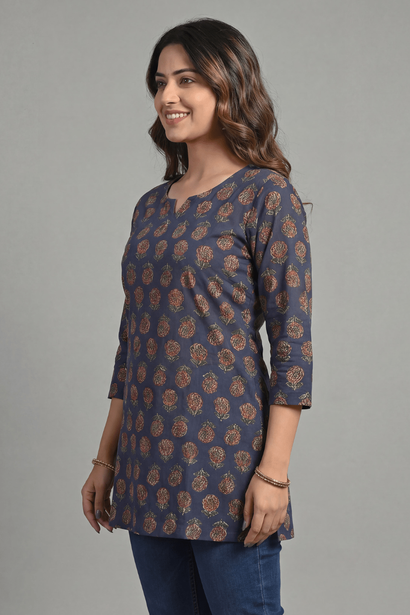 Navy Blue Floral Printed Everyday kurti - The House of Indu