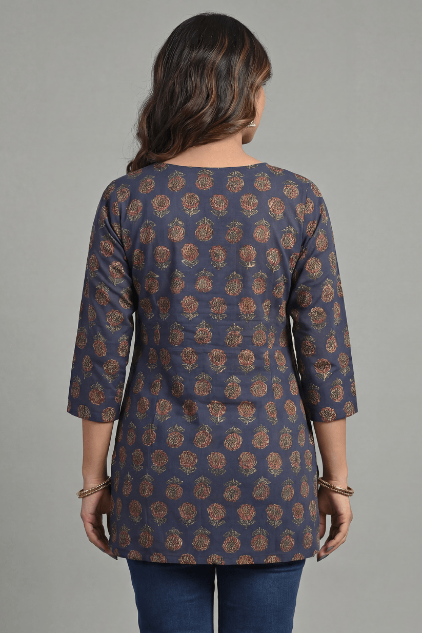 Navy Blue Floral Printed Everyday kurti - The House of Indu