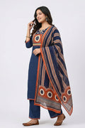 Navy Blue Printed Kurta Pant Dupatta Set for Women - The House of Indu