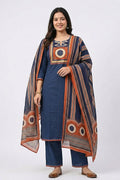 Navy Blue Printed Kurta Pant Dupatta Set for Women - The House of Indu