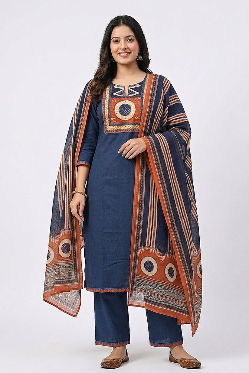 Navy Blue Printed Kurta Pant Dupatta Set for Women - The House of Indu