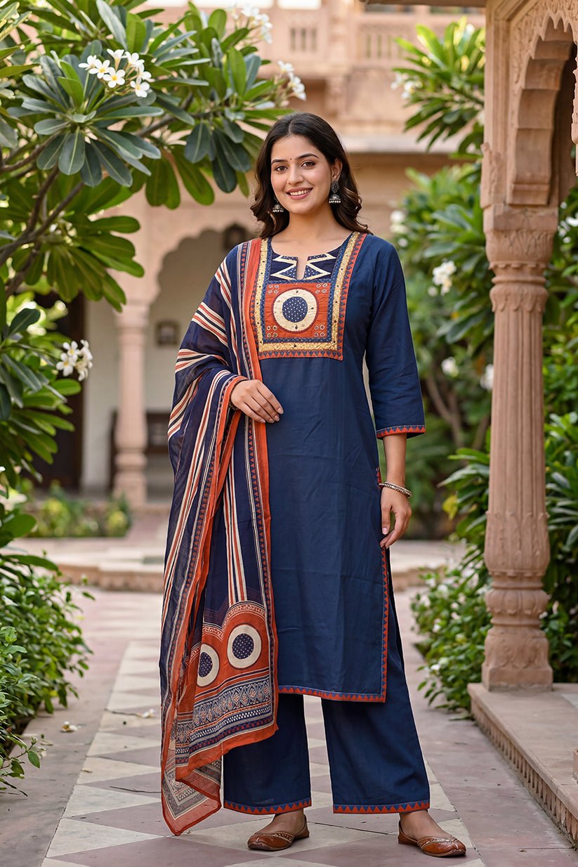 Navy Blue Printed Kurta Pant Dupatta Set for Women - The House of Indu