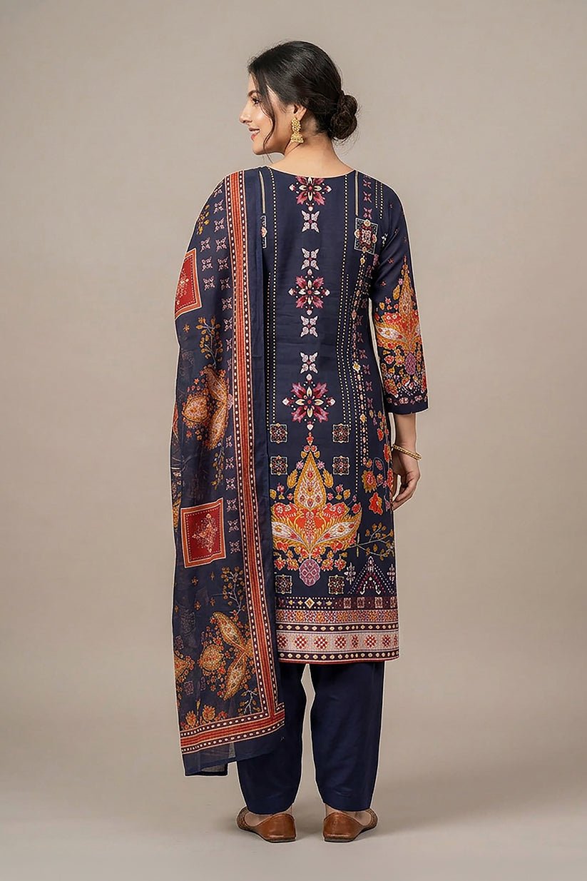Navy Floral Printed Cotton Suit Set for Women - The House of Indu