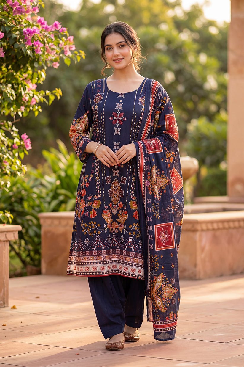 Navy Floral Printed Cotton Suit Set for Women - The House of Indu