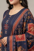 Navy Floral Printed Cotton Suit Set for Women - The House of Indu